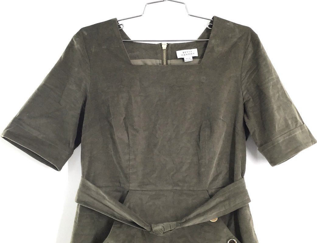 Betty Hannah Women's Olive Green Fine Corduroy Square Neck Belted Dress Size M