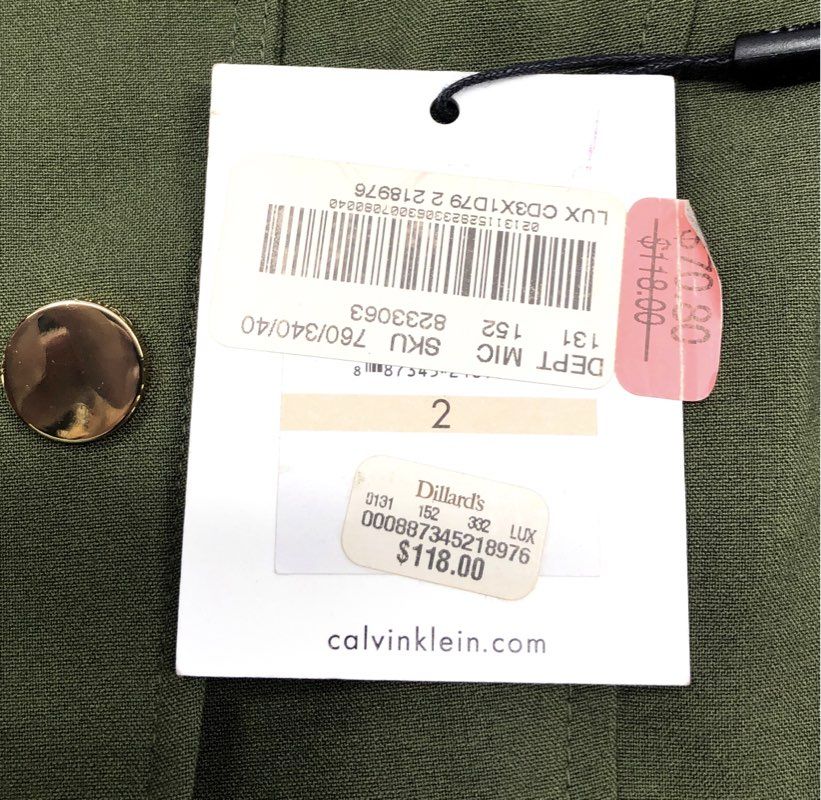 Calvin Klein Women's Olive Green Trench Style Sheath Dress Gold Zip NWT Sz 2