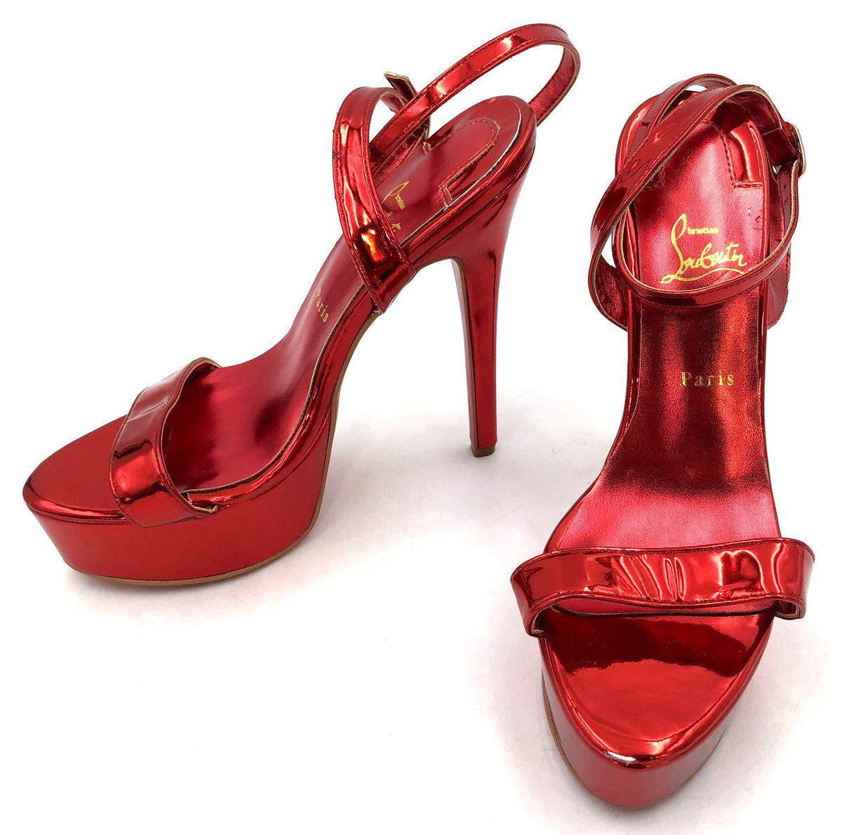 Christian Louboutin Inspired Women's Metallic Ruby Red Strappy Heels - Size 35