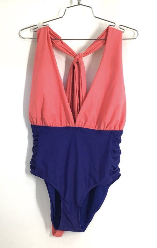 Nicole Miller Women's One-Piece Swimsuit Navy Coral Convertible Ruched Sz L NWT