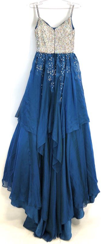 Women's Blue Formal Gown Rhinestone Bodice Tiered Chiffon High Low Dress