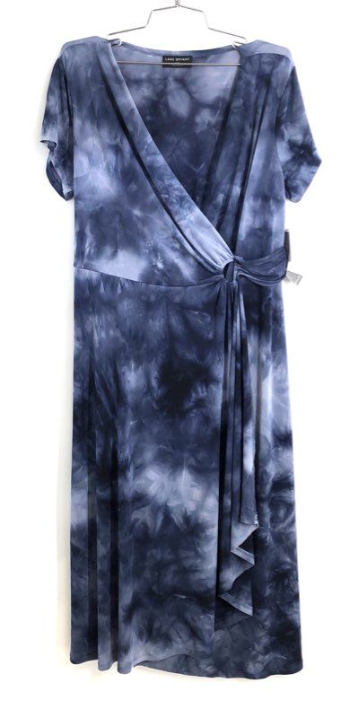 Lane Bryant Women's Blue Tie Dye Faux Wrap O-Ring Knit Dress NWT Size 14/16
