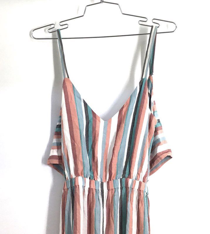 LOFT Women's Multicolor Striped Wide Leg Tie Back Cutout Jumpsuit Sz XXSP