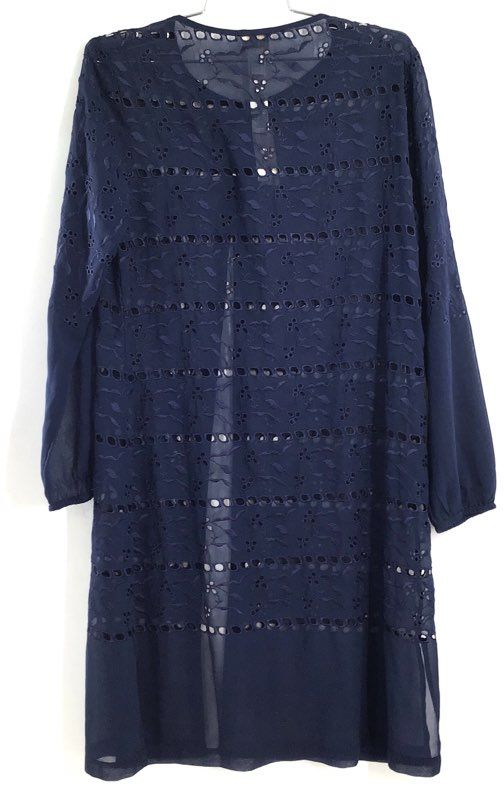 Chico's Women's Navy Blue Eyelet Broderie Anglaise Open Front Topper Jacket Sz 0