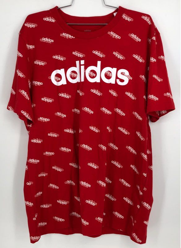 Adidas Men&#39;s Red Signature Print T-Shirt - Size XL