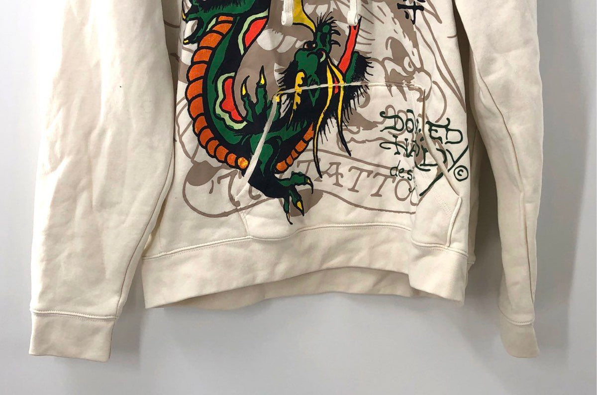 Vintage Y2K Ed Hardy Men's Cream Dragon Tattoo Graphic Pullover Hoodie Sz L