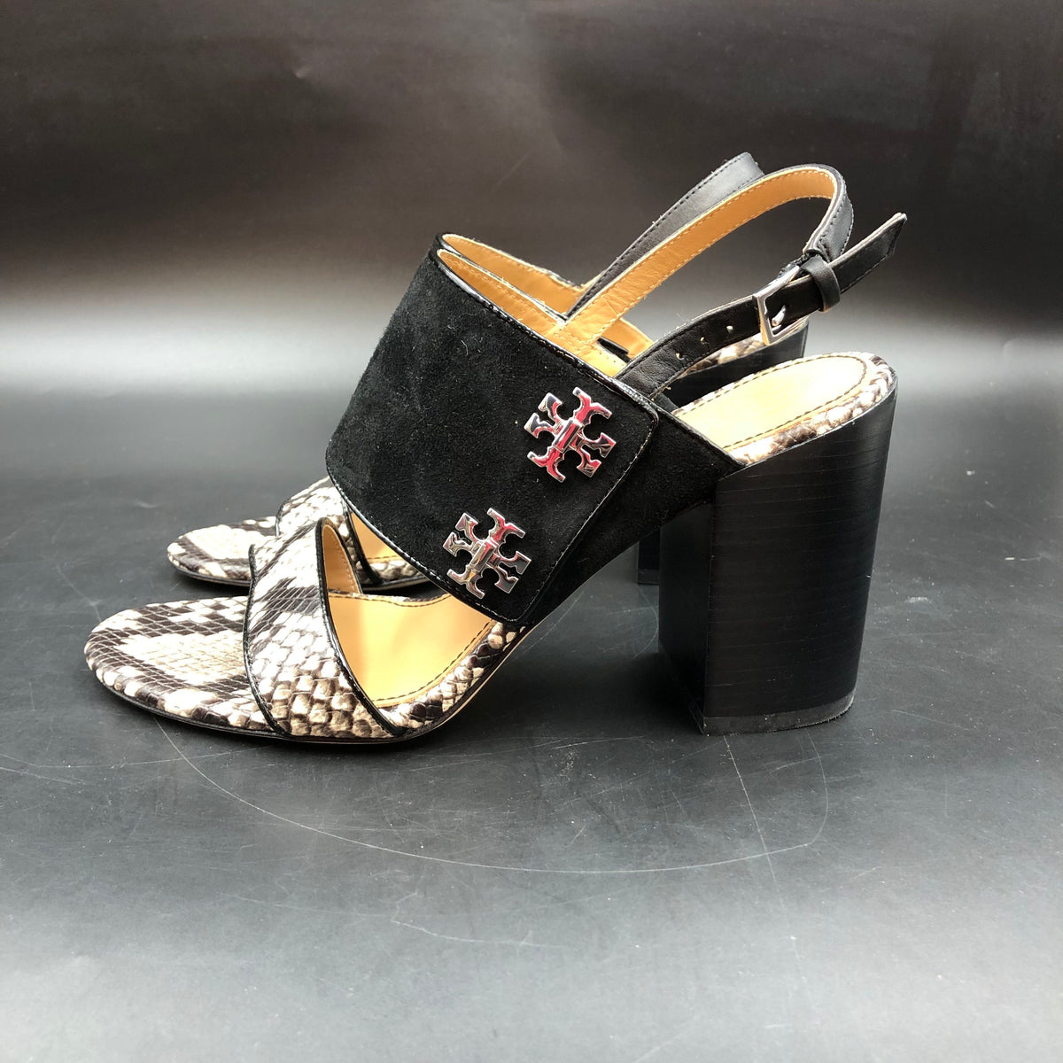 Tory Burch Black Suede Snakeskin Block Heel Sandals Size 7 COA