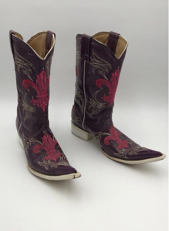 Botas Aguila Real Purple Pink Fleur De Lis Embroidered Cowboy Boots Sz 8.5