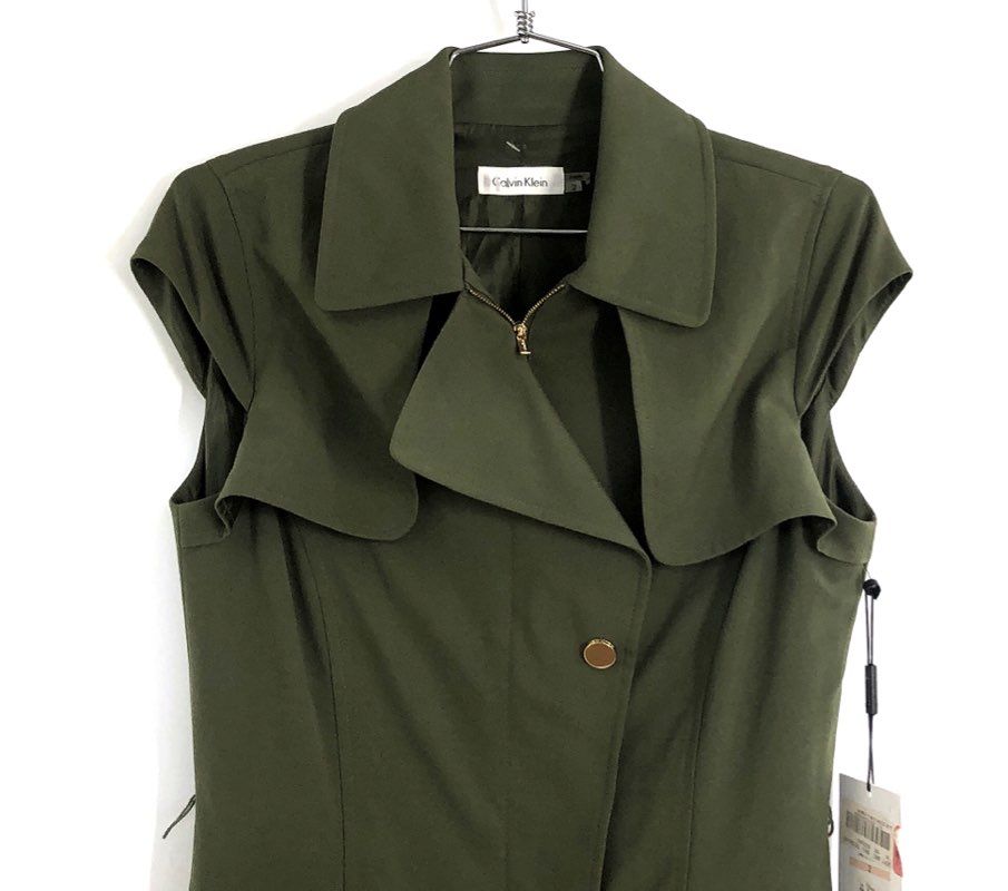 Calvin Klein Women's Olive Green Trench Style Sheath Dress Gold Zip NWT Sz 2