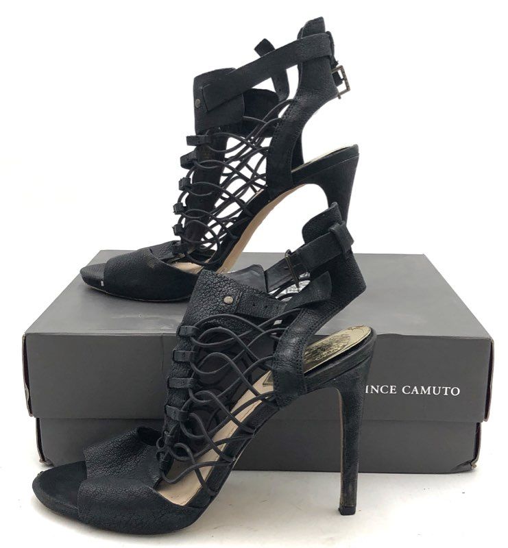 Vince Camuto Black Leather Cage Lace Up Stiletto Sandals Size 8M