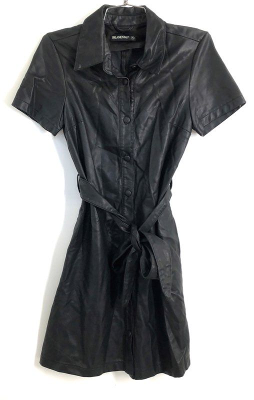 BLANKNYC Women's Black Vegan Faux Leather Short Sleeve Belted Shirt Dress XS