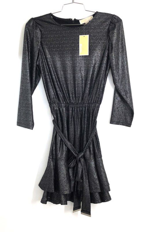 Michael Kors Women's Black Silver Metallic Eyelet Tiered Ruffle Dress Sz S NWT