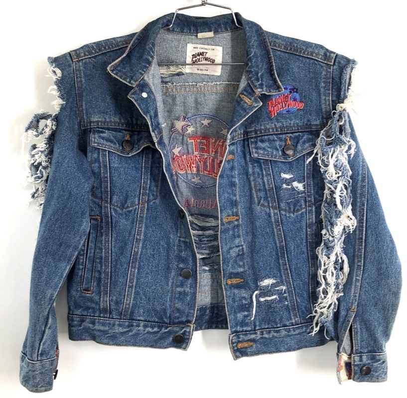 Vintage 90s Planet Hollywood Atlanta Denim Jacket Distressed Embroidered Sz 10