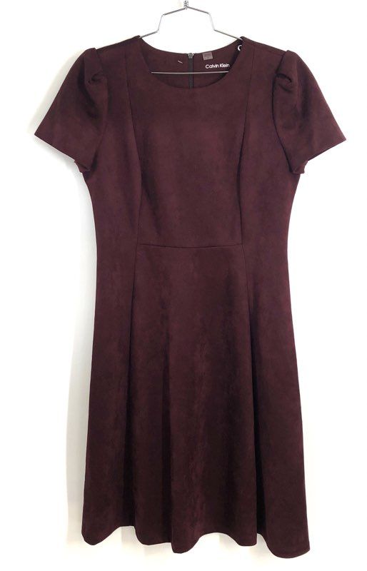 Calvin Klein Women's Burgundy Faux Suede Puff Sleeve Fit Flare Dress Sz 10