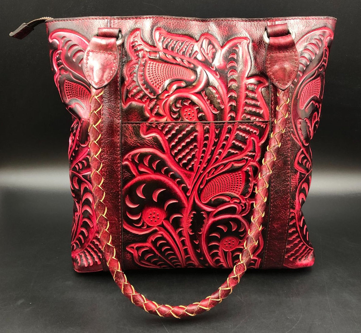 Patricia Nash Oxblood Red Tooled Leather Tote with Brushed Silver-Tone Hardware