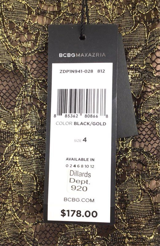 BCBG Maxazria Women's Black Gold Lace Peplum Puff Sleeve Blouse Sz 4 NWT
