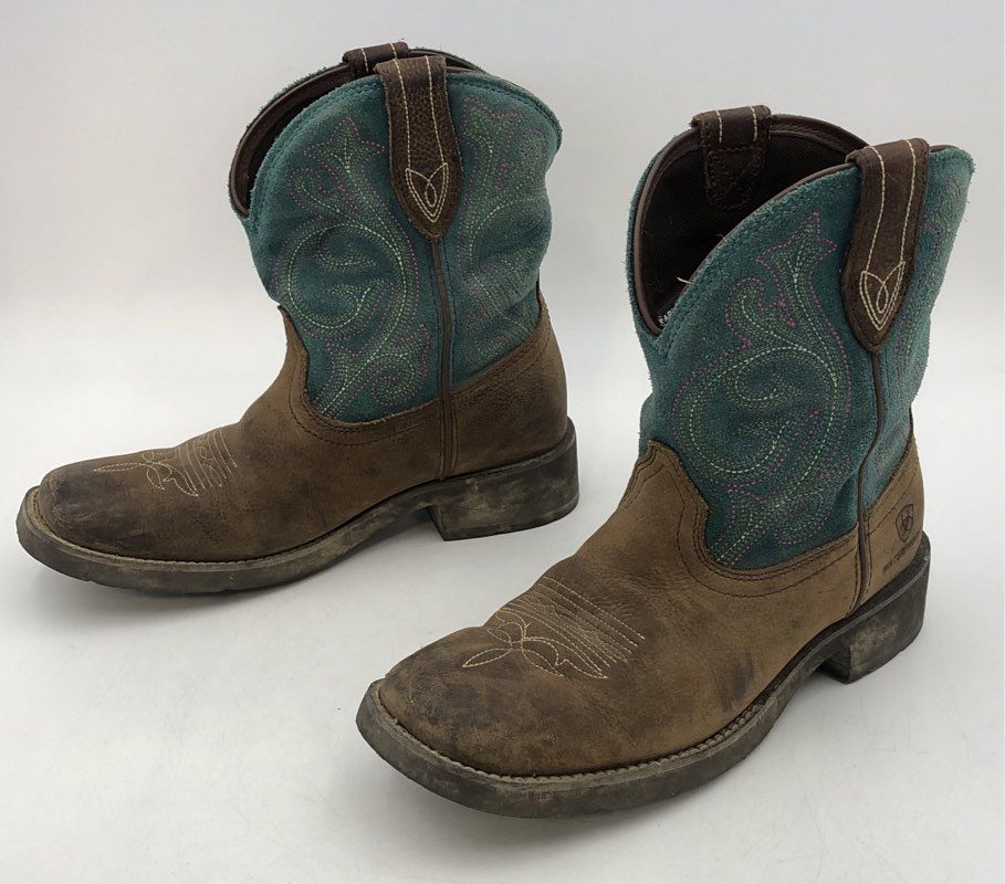 Ariat Fatbaby Waterproof Western Roper Boots Brown Teal Embroidered Size 7B