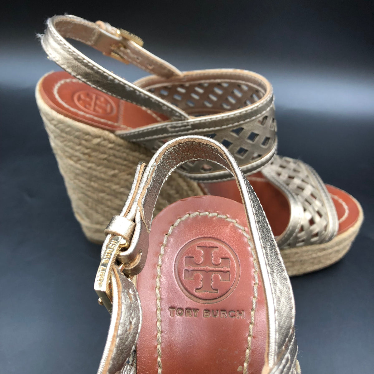 Tory Burch Metallic Gold Laser-Cut Espadrille Wedge Sandals Size 7 COA