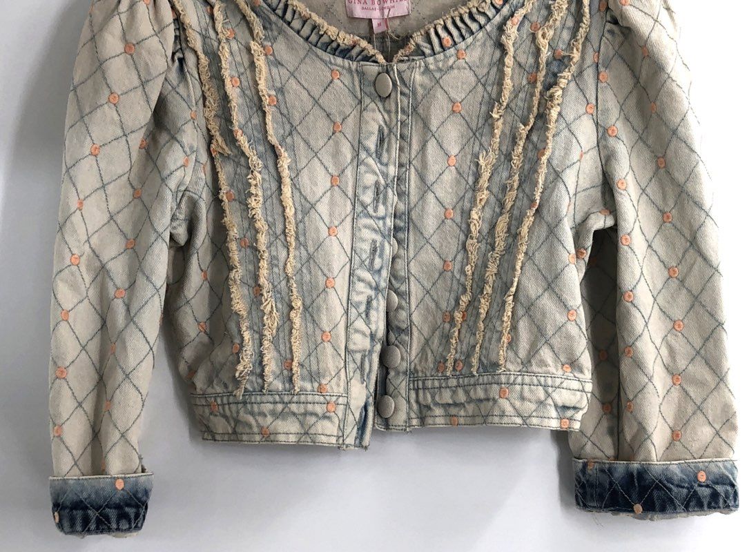 Gina Bowhill Women's Coco Denim Jacket White Quilted Frayed Puff Sleeve Sz M NWT