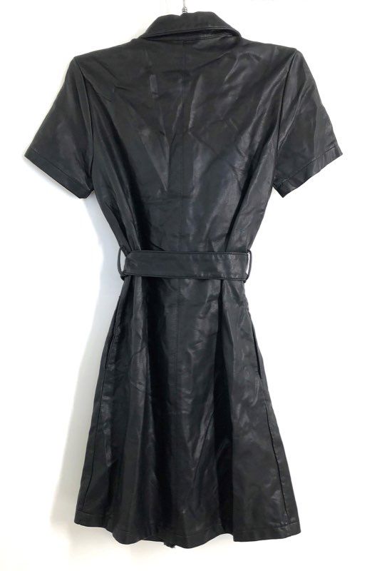 BLANKNYC Women's Black Vegan Faux Leather Short Sleeve Belted Shirt Dress XS