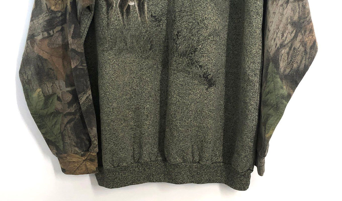 Vintage 90s Artisans Men's Green Deer Buck Camo Sleeve Sweatshirt Made USA