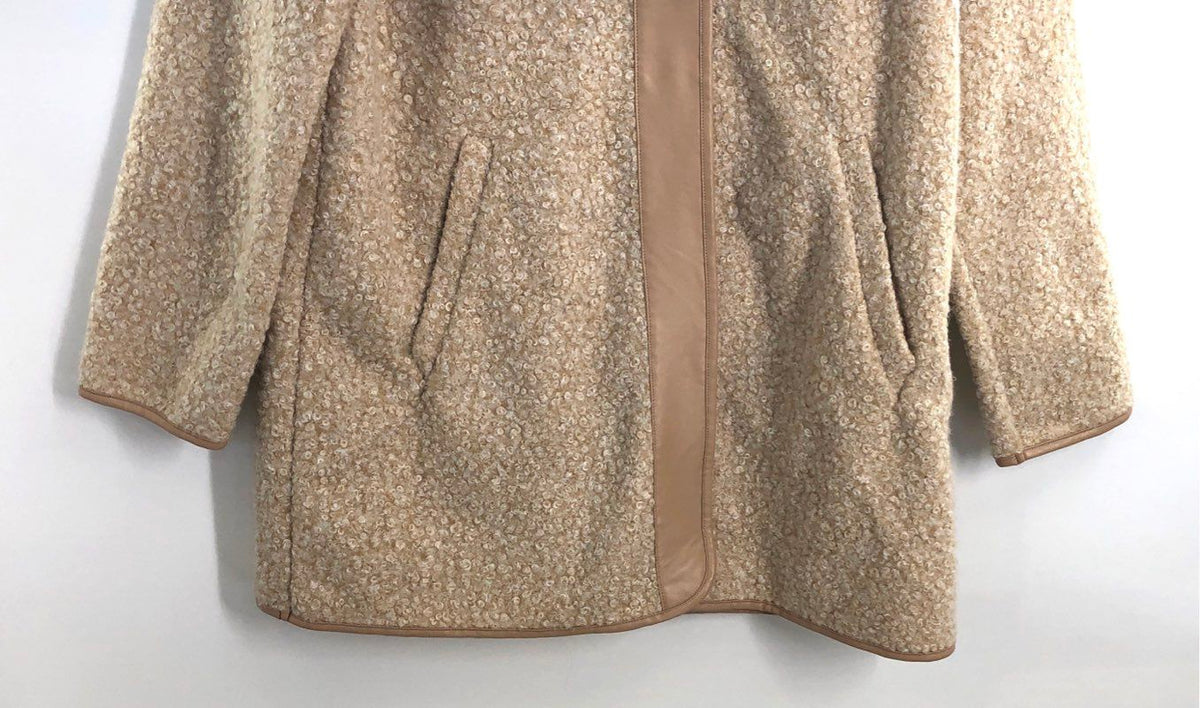 Stylus Women's Beige Boucle Faux Leather Trim Open Front Topper Coat Sz L