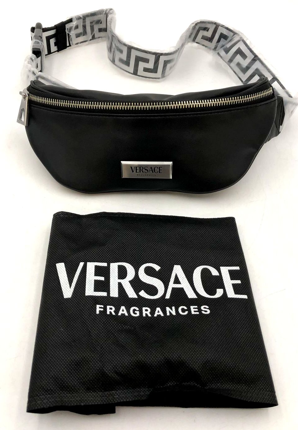Versace Fragrances Black Fanny Pack/Belt Bag w/ Silver-Tone Hardware & Patterns