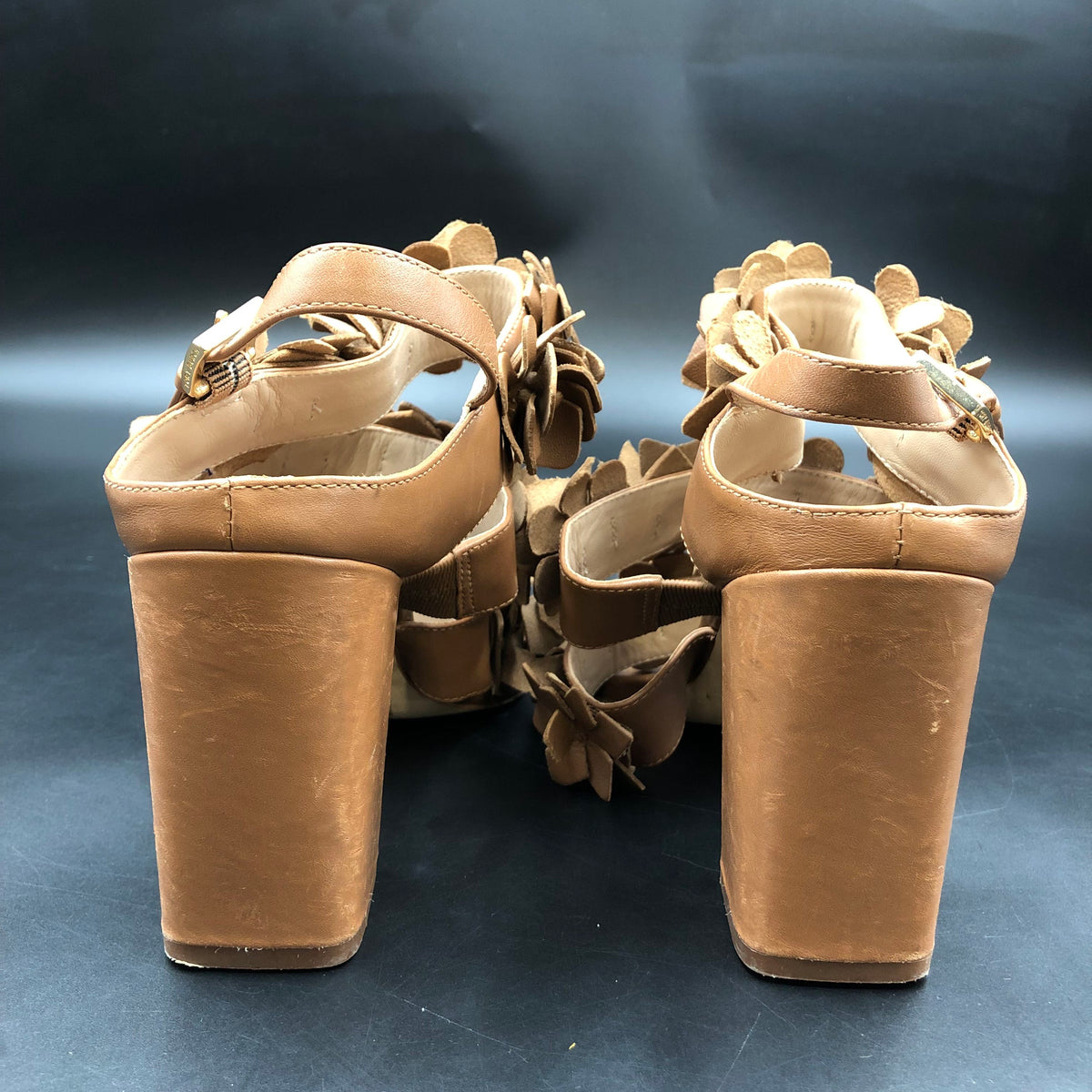 Tory Burch Blossom Floral Applique Brown Leather Block Heel Sandals Size 7 COA