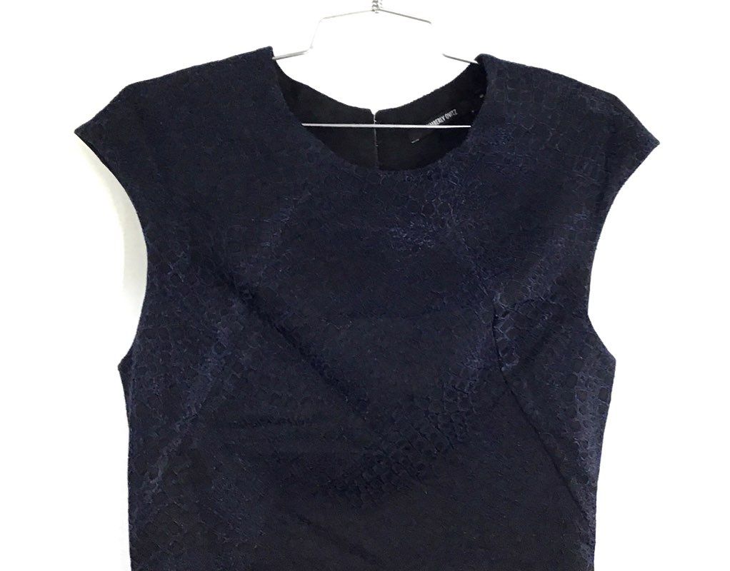 Kimberly Ovitz Women's Navy Textured Jacquard Open Back Dress Silk Lined Sz 8