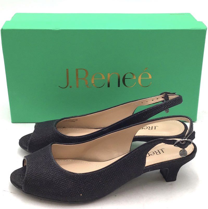 J.Renee Jenvey Black Glitter Peep Toe Slingback Kitten Heel Pumps Size 8.5