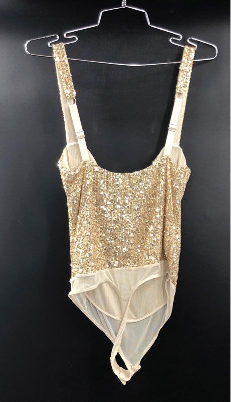 Free People Women's Gold Sequin V-Neck Bodysuit Mesh Thong NWT Size S