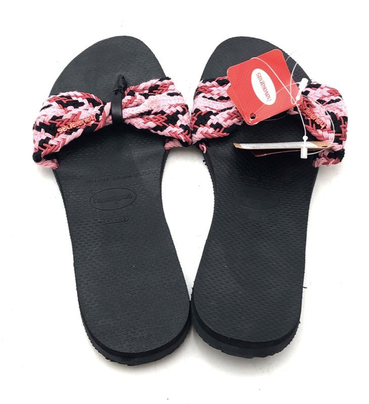 Havaianas Black Pink Woven Bow Flip Flop Sandals Women's Size 11/12W NWT