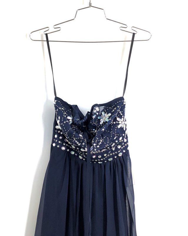 B. Darlin Women's Midnight Blue Beaded High Low Chiffon Dress Sz 3/4 NWT