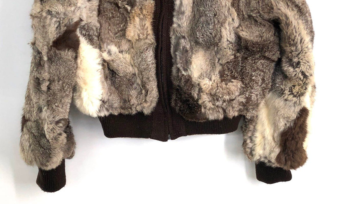 Vintage 80s Women's Rabbit Fur Bomber Jacket Brown Gray Knit Trim Sz L