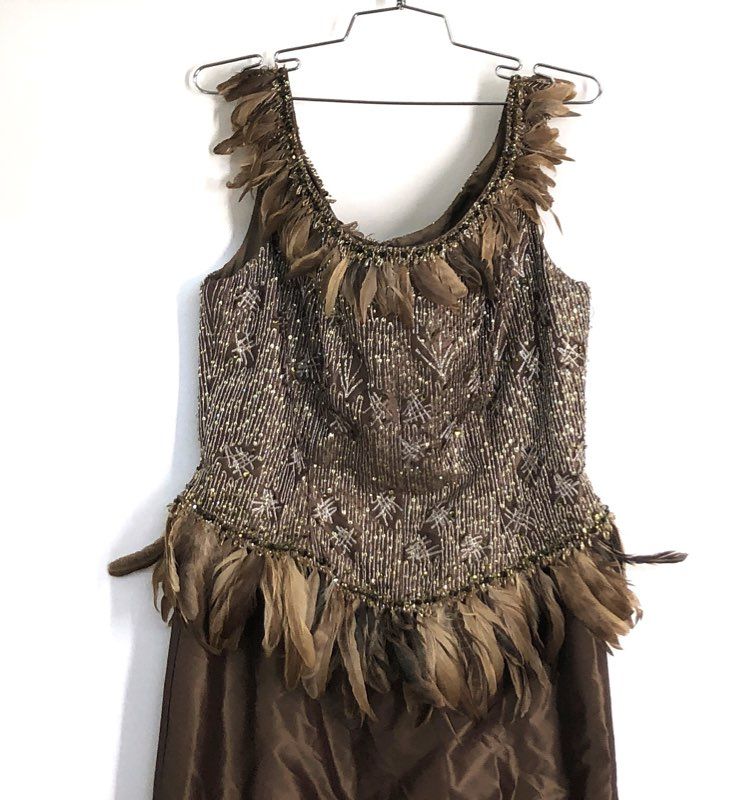 Vintage 90s Victoria Royal Women's Brown Silk Beaded Feather Gown Dress Sz 12