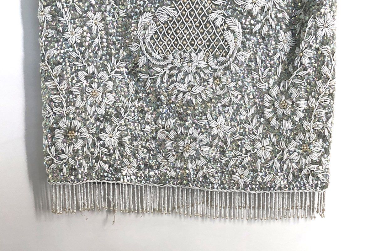 Vintage 60s Tack Yuen Hand Beaded Sequin Floral Fringe Sleeveless Top Sz M