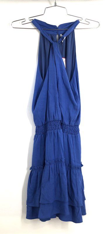 Joy Joy Women's Royal Blue Twist Smocked Halter Tiered Ruffle Dress NWT Sz S