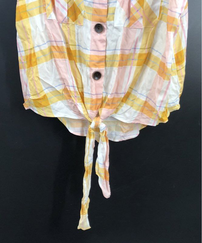 a.n.a Women's Dawn Plaid Sleeveless Tie Front Button Blouse Gold Pink Sz S NWT
