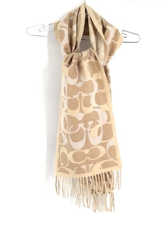 Coach Women&#39;s Ivory Beige Signature Print Merino Wool Fringe Hem Rectangle Scarf