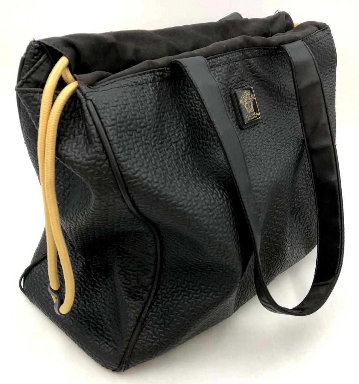 Versace Parfums Large Black Faux Leather Tote with Gold-Tone Accents