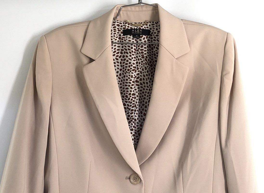 Alex Marie Women's Cream Blazer Notch Lapel Two-Button Leopard Lining NWT Sz 12