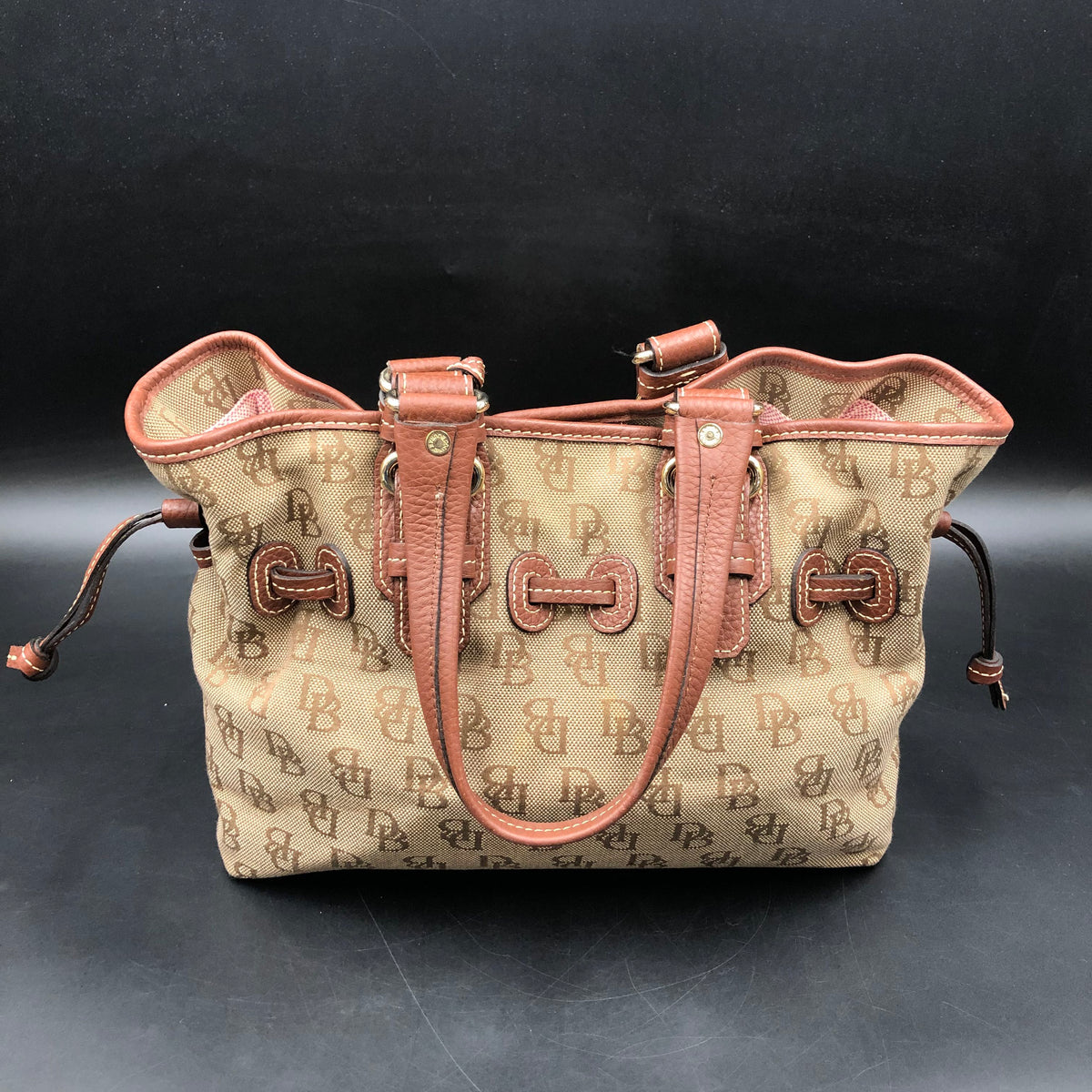 Dooney & Bourke Brown Signature Canvas Monogram Drawstring Satchel Bag COA
