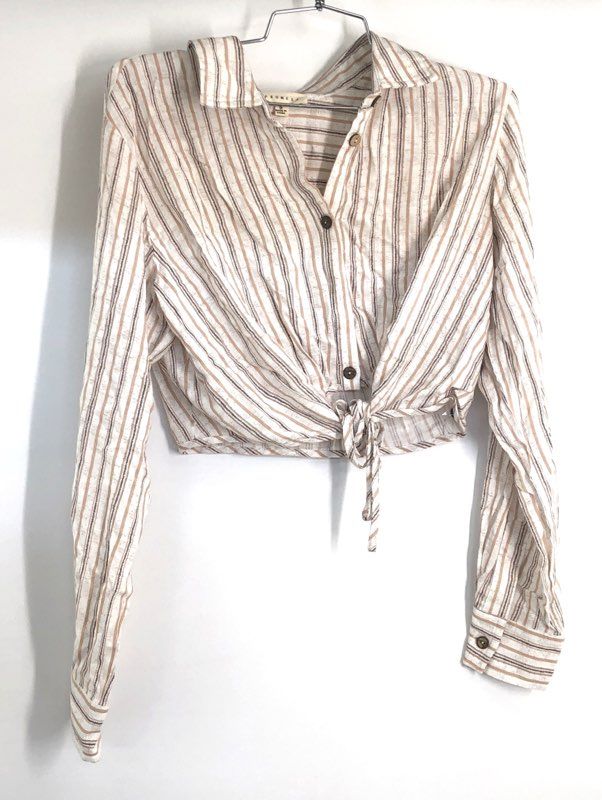 Promesa Women's Tan Striped Tie Front Long Sleeve Button Down Crop Blouse Sz S