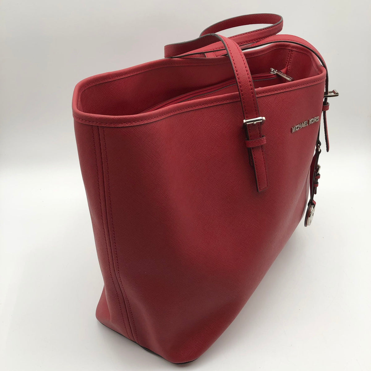 Michael Kors Red Saffiano Leather Jet Set Travel Tote Bag Silver Hardware COA