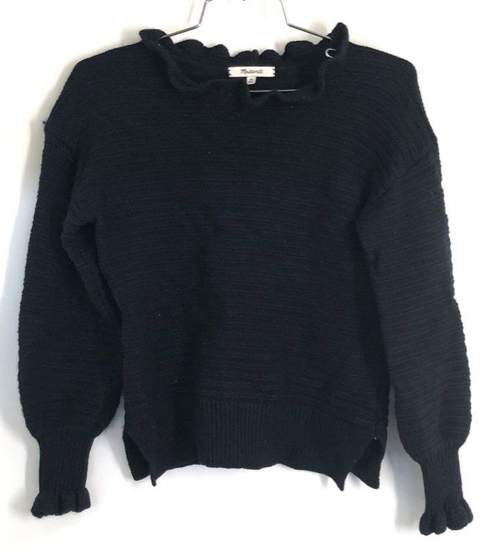 Madewell Women's Black Ruffle Neck Merino Wool Blend Textured Sweater Size XS