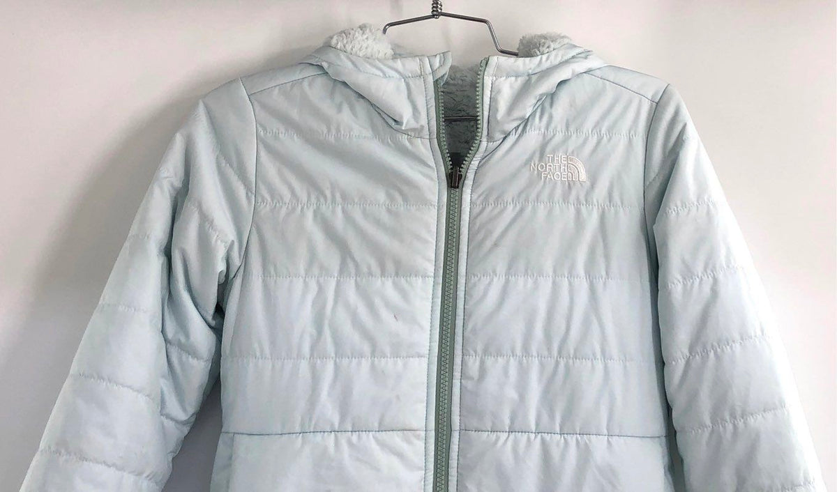 The North Face Girl's Light Blue Hooded Puffer Jacket Fleece Lined Sz M 10/12