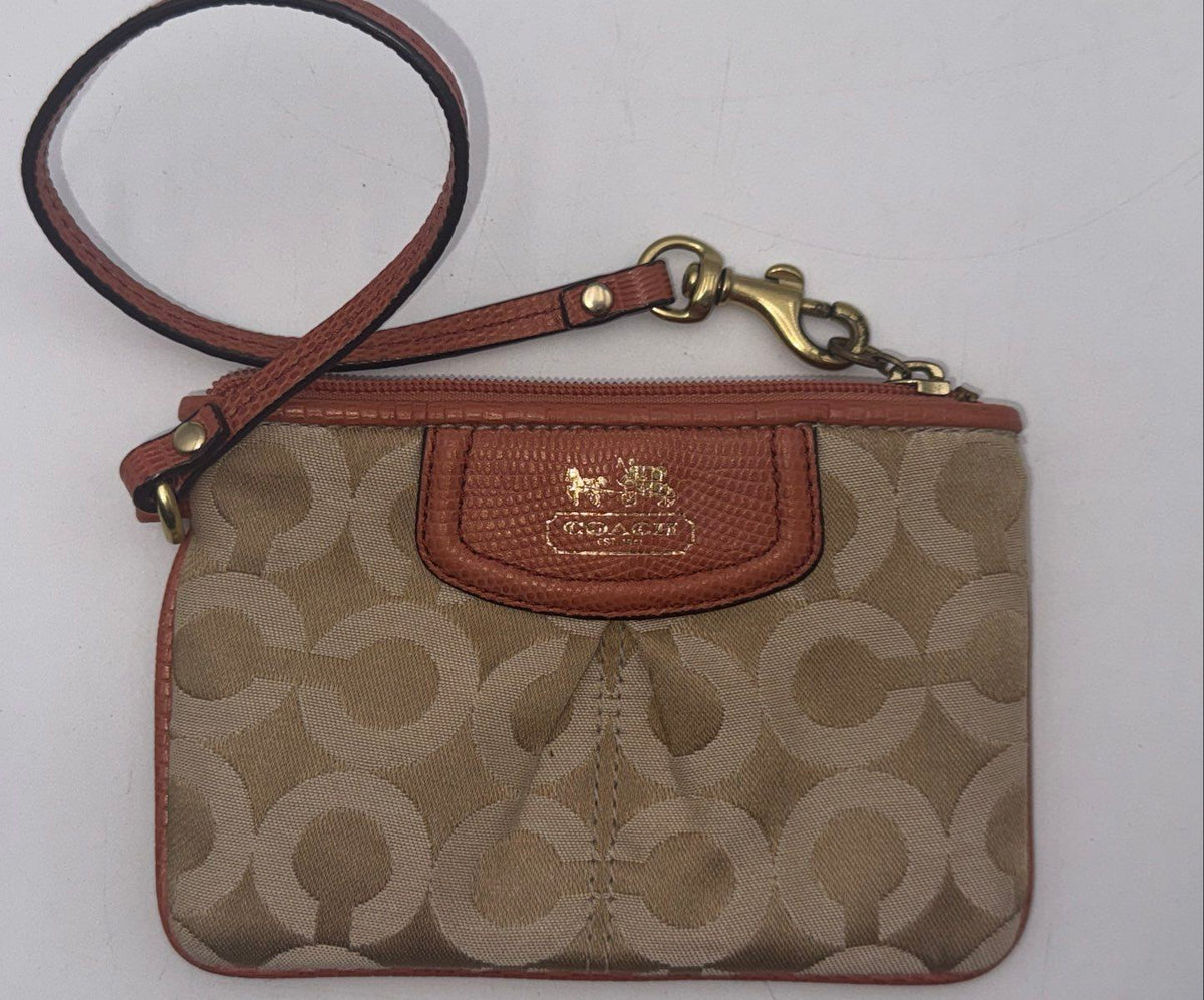 Coach Beige Signature Canvas Small Wristlet Pouch Brown Leather Gold Logo