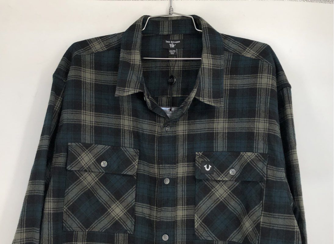 NWT True Religion Men's Poseidon Onyx/Kalamata Button-Up Shirt - Size 3XL