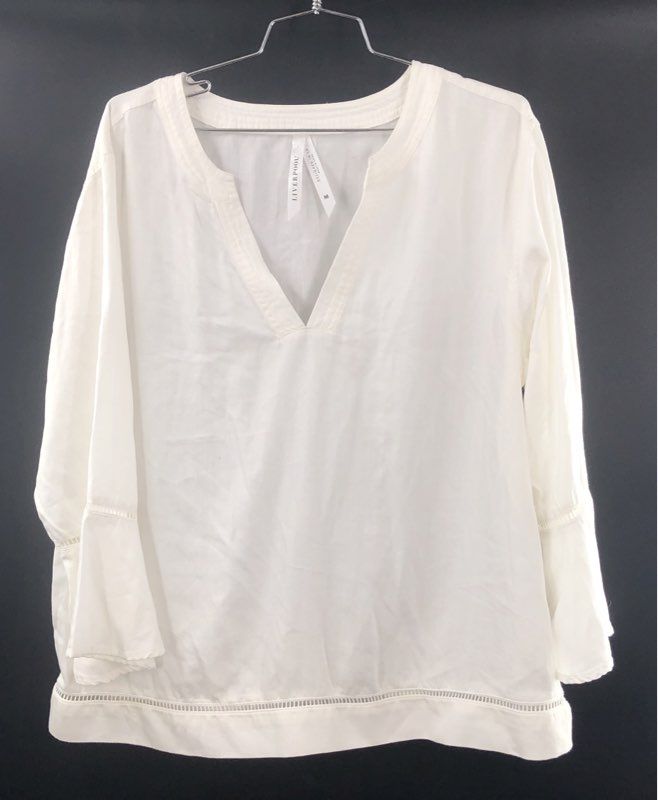 Liverpool Women's White V-Neck Bell Sleeve Blouse Crochet Trim Top Sz M