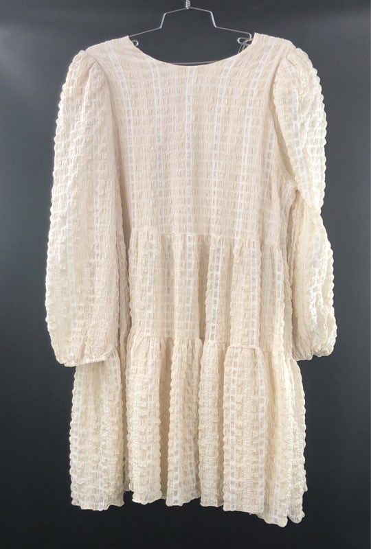 English Factory Women's Cream White Plaid Smocked Tiered Puff Sleeve Dress Sz 1X